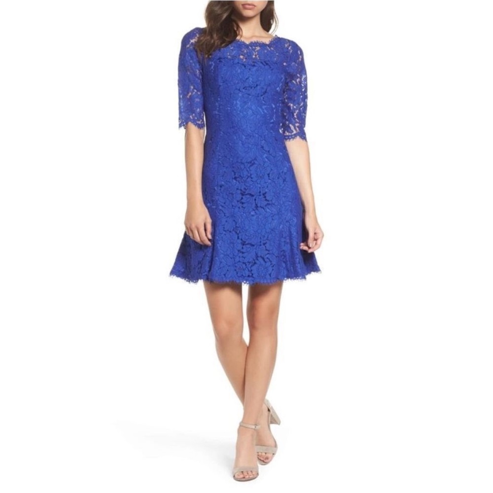 Eliza J Blue Lace Dress Size 8 Floral Lace Fit & Flare Cocktail Party Dress
